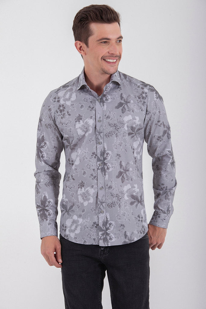 Slim Fit Long Sleeve Printed Cotton Gray Casual Shirt - MIB