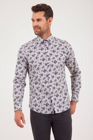 Slim Fit Long Sleeve Printed Cotton Gray Casual Shirt -