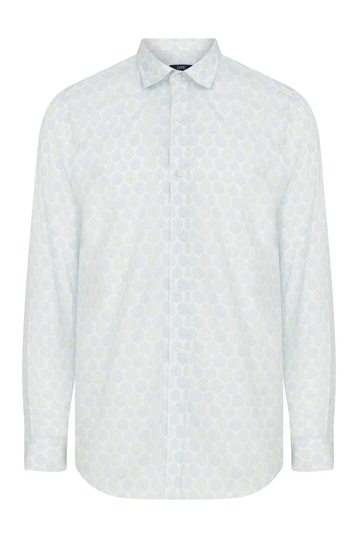 A crisp white long-sleeved button-down shirt with a subtle, light blue geometric pattern.