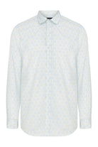 A crisp white long-sleeved button-down shirt with a subtle, light blue geometric pattern.
