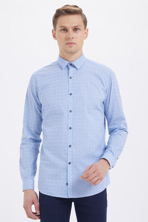Slim Fit Long Sleeve Printed Cotton Light Blue Casual Shirt