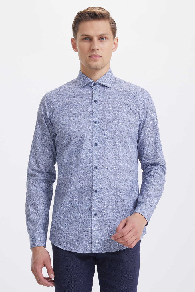 Slim Fit Long Sleeve Printed Cotton Navy Casual Shirt - MIB