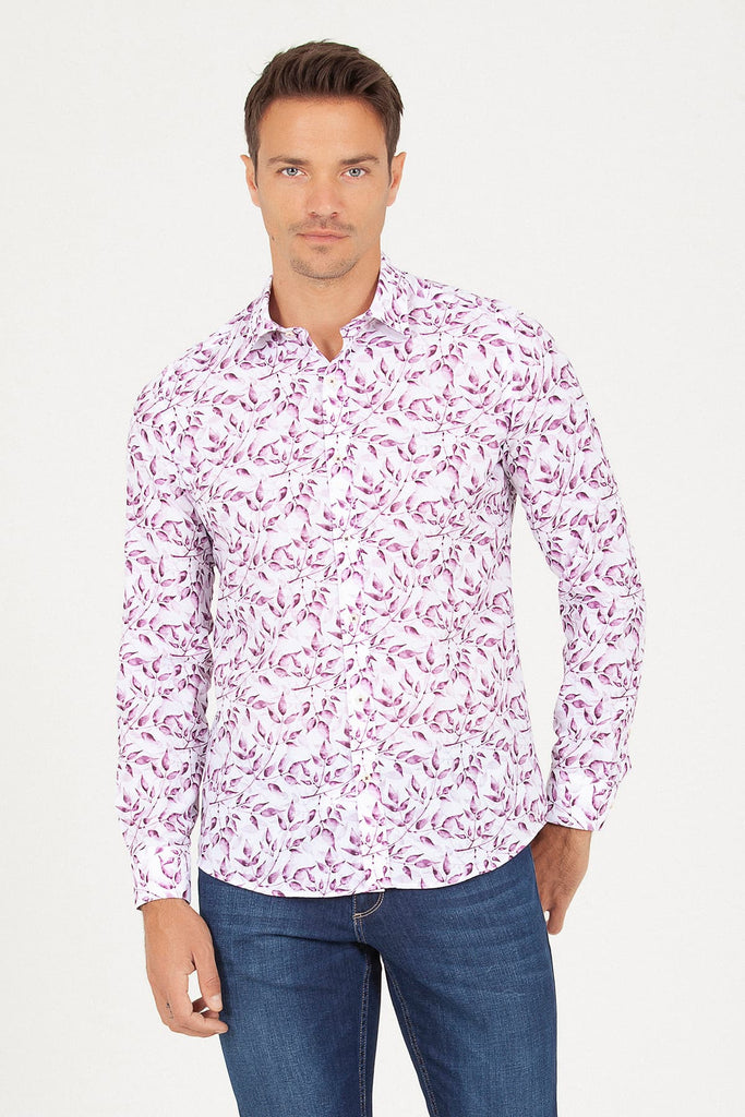 Slim Fit Long Sleeve Printed Cotton Purple Casual Shirt