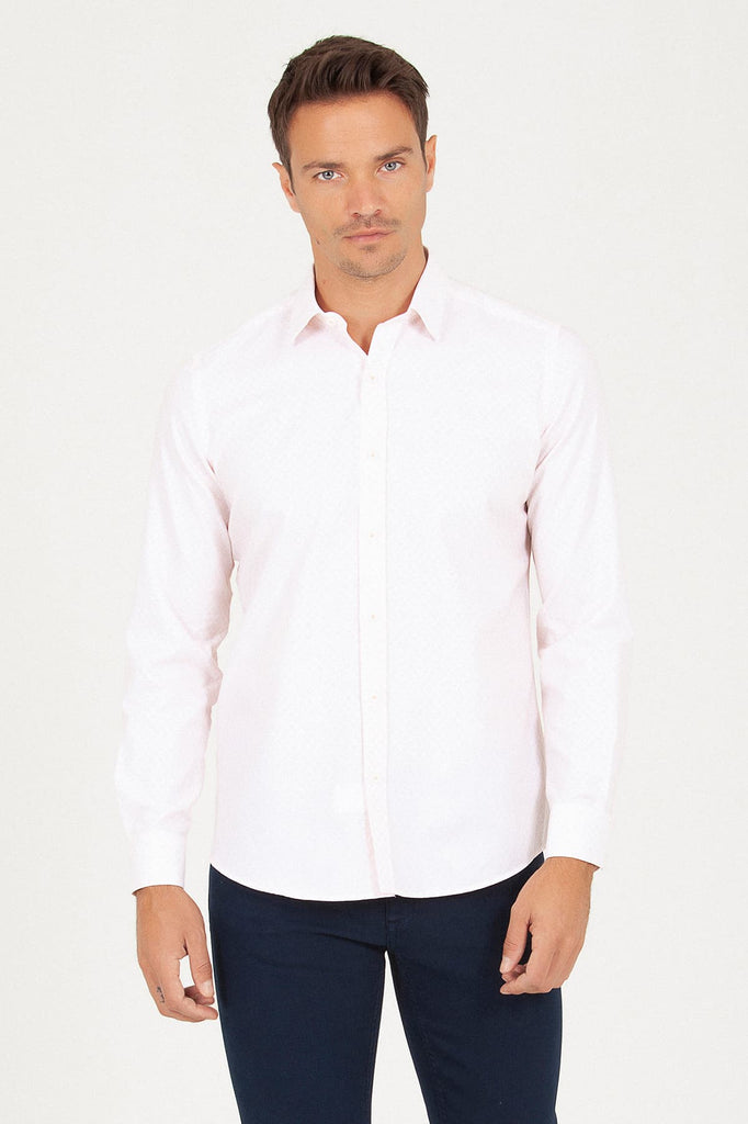 Slim Fit Long Sleeve Printed Cotton Salmon Casual Shirt