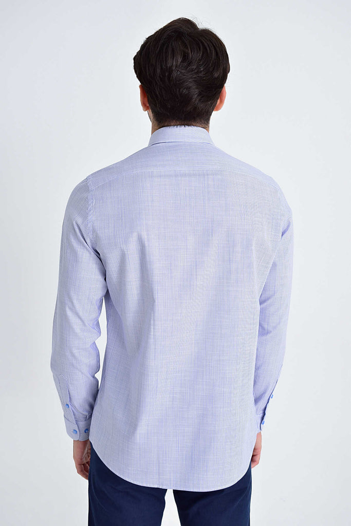 Slim Fit Long Sleeve Striped Cotton Blend Blue Casual Shirt