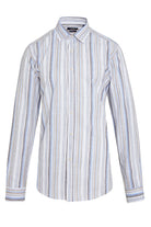 A men’s long-sleeved button-down shirt featuring vertical stripes in shades of white, light blue, and gray.