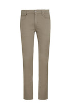 Khaki-colored, slim-fit trousers with a classic five-pocket design and subtle stitching details.