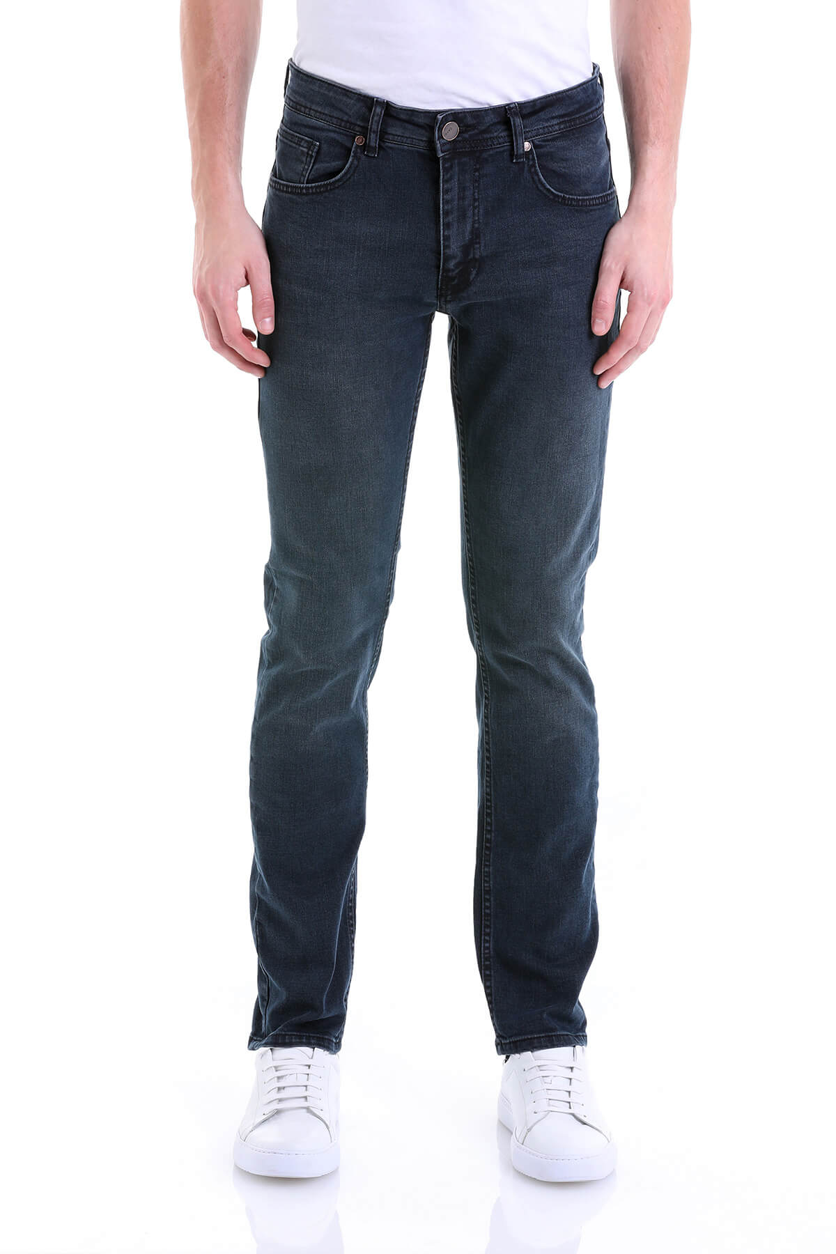 Dark-wash denim jeans with a slim fit and classic five-pocket design.