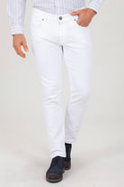 White slim-fit denim jeans with a classic five-pocket design and silver-toned hardware.