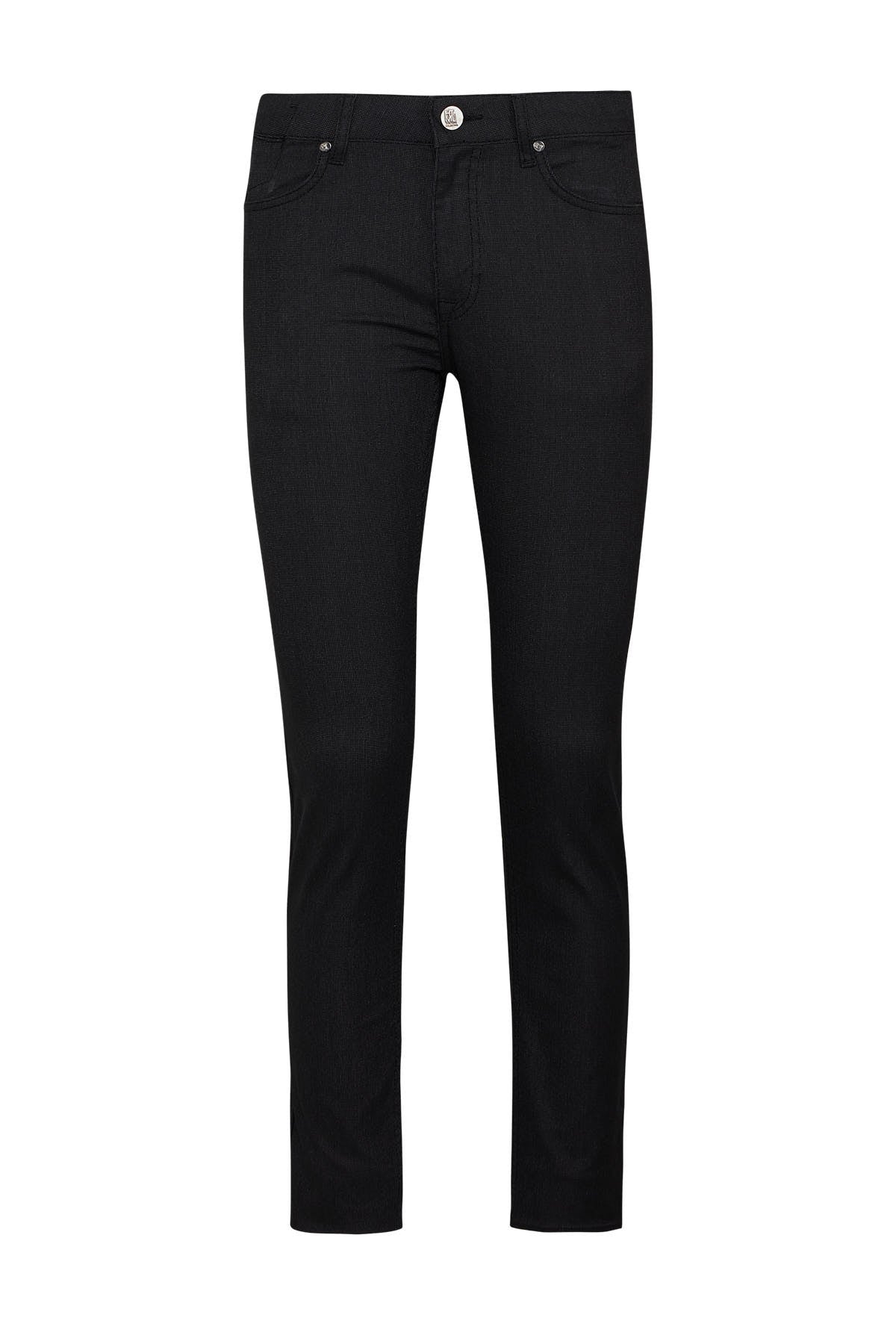 Black denim jeans with a slim fit and silver-toned button closure.