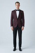 Slim fit micro grid burgundy classic tuxedo with peak lapel black satin trim and matching bow tie for formal occasions
