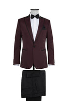 A maroon tuxedo jacket with black satin trim and matching bow tie, paired with a crisp white shirt.