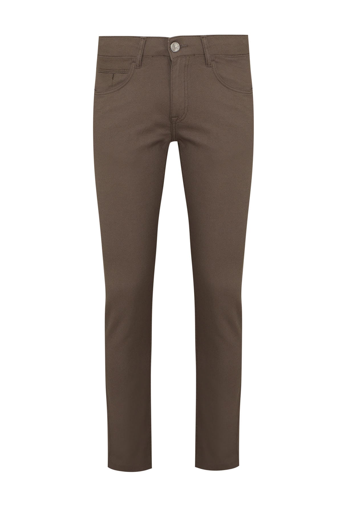 Brown slim-fit chinos with a subtle texture and classic five-pocket design.