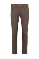 Brown slim-fit chinos with a subtle texture and classic five-pocket design.