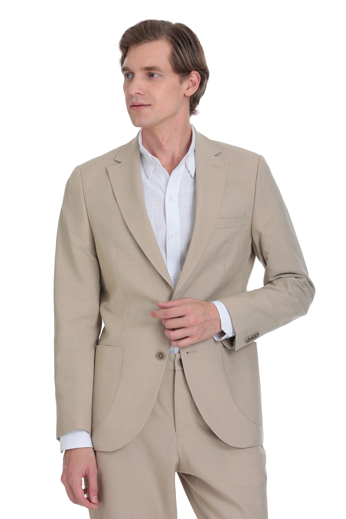 Beige tailored suit jacket with a clean, modern cut and subtle texture.