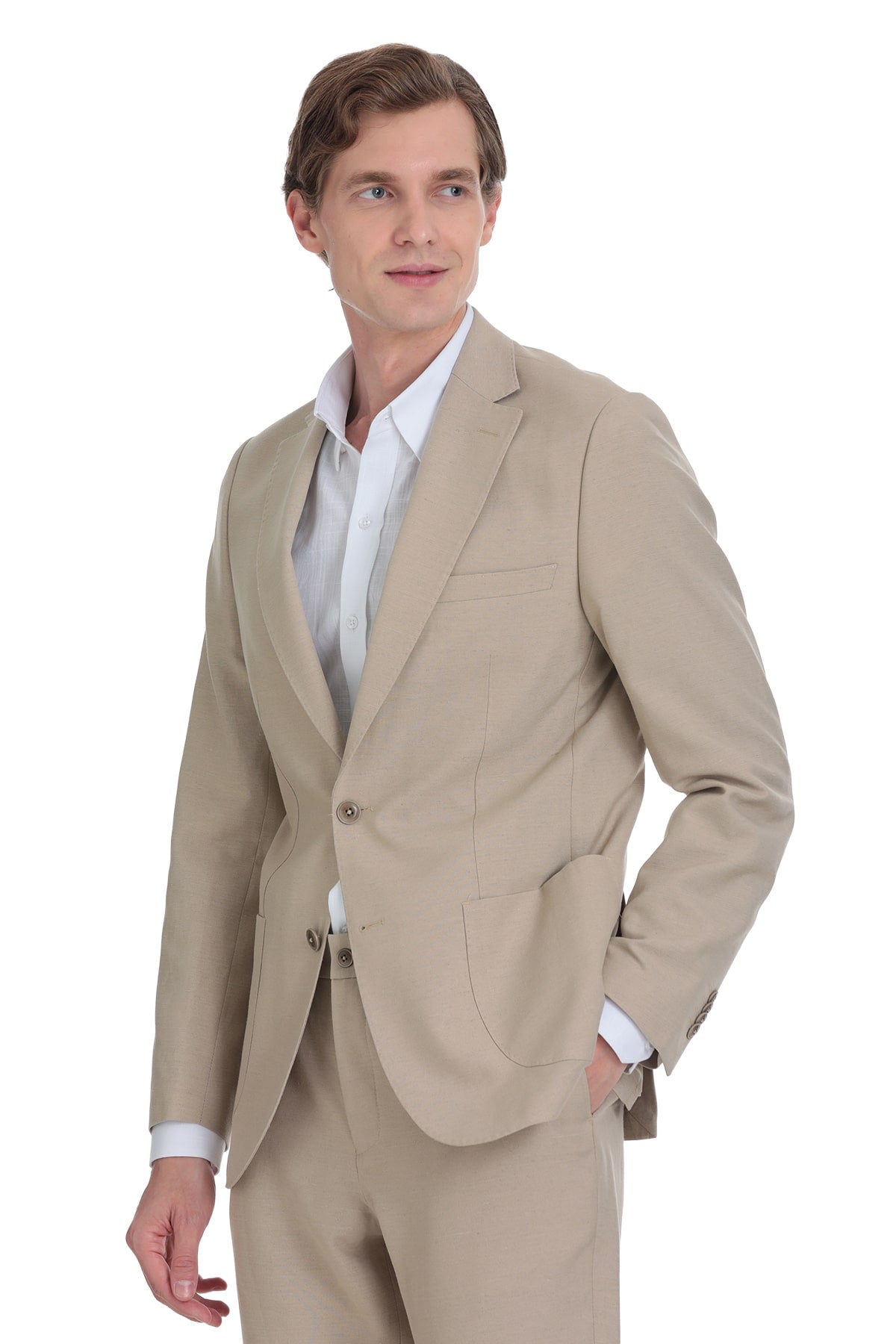 Beige two-button suit jacket with a tailored fit and subtle texture.