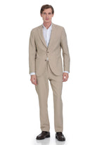 Beige two-button suit with a tailored fit and subtle texture.