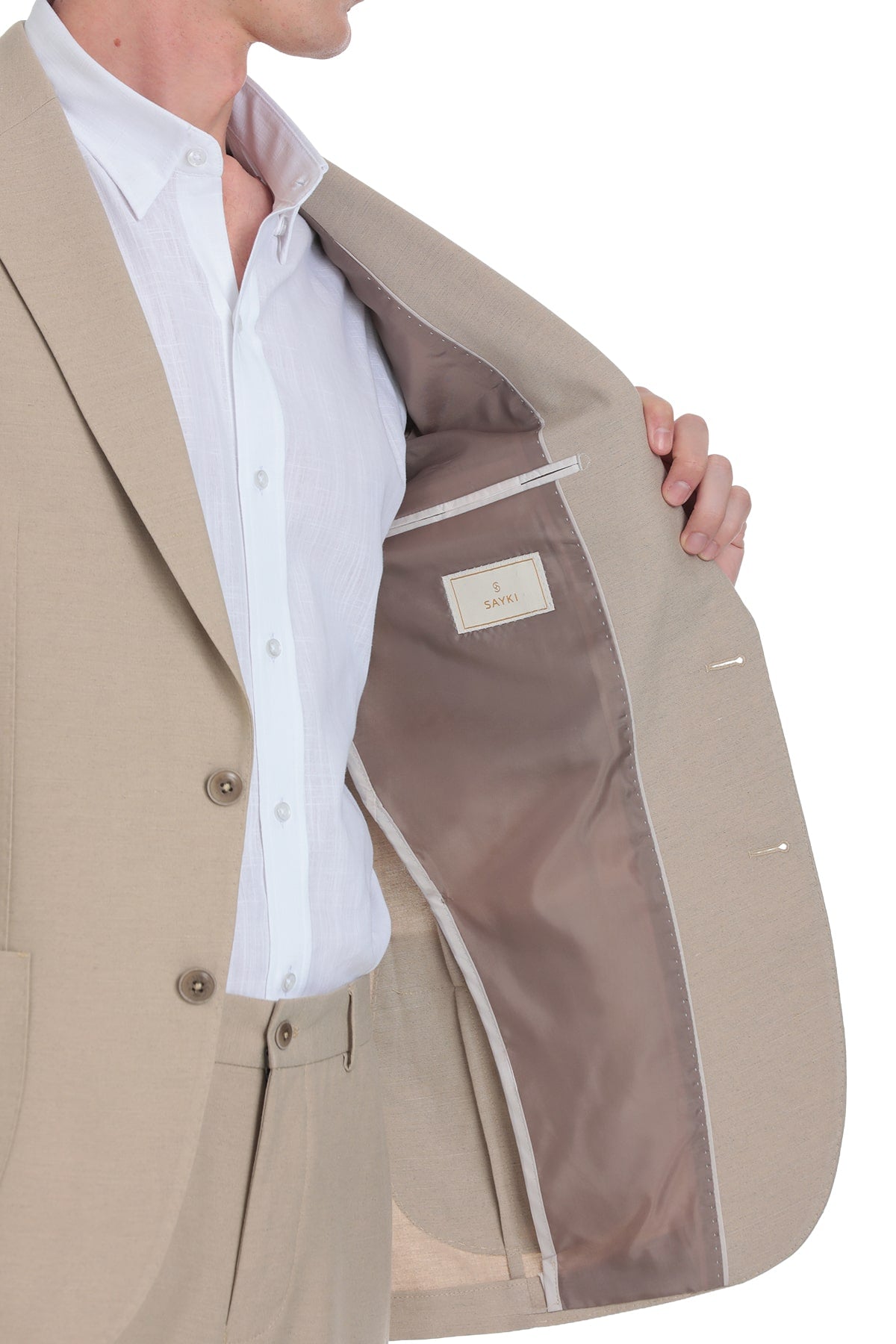 Beige tailored blazer with a clean, structured design and subtle button details.