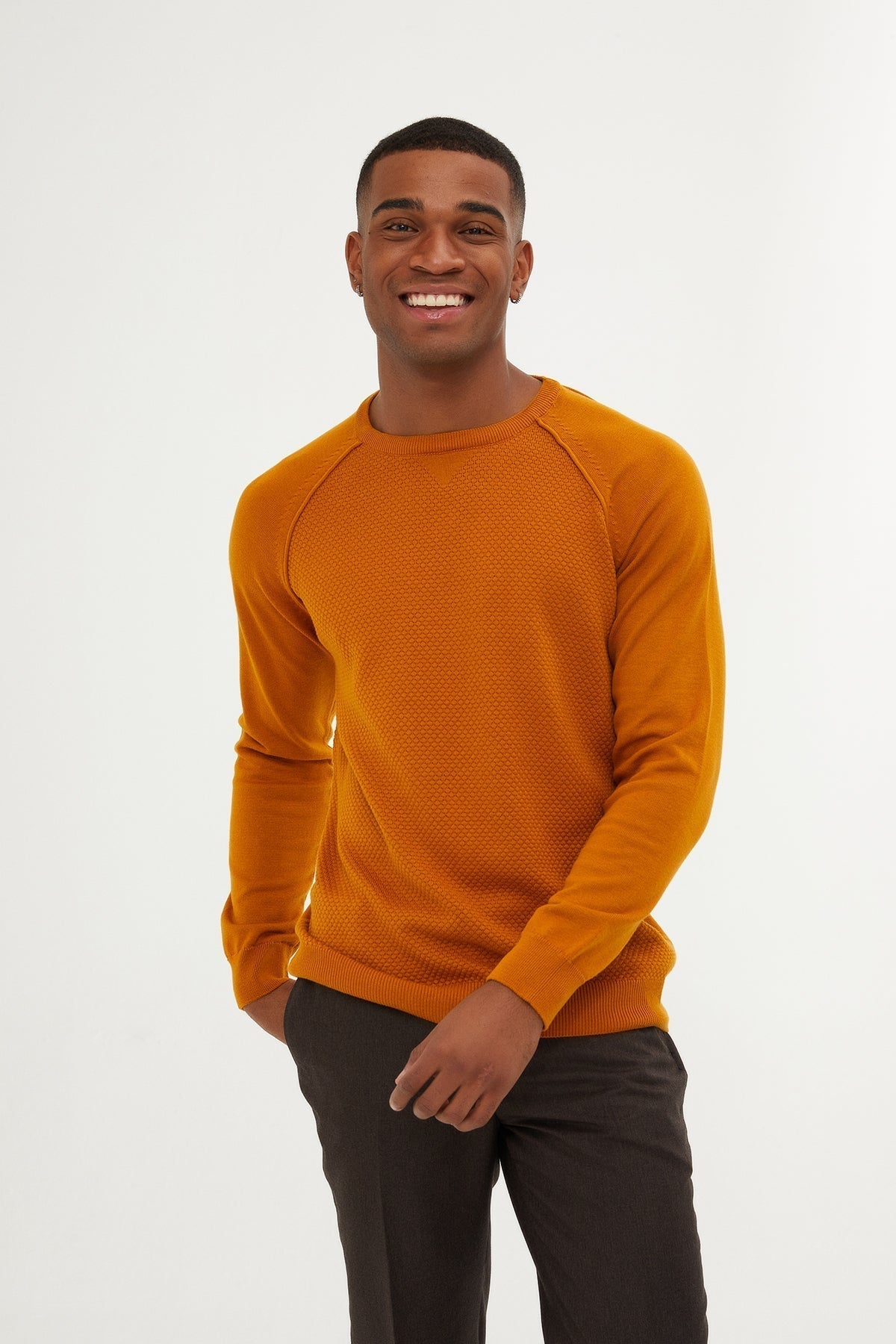 Slim Fit Mustard Cotton Blend Crewneck Sweater - SAYKI