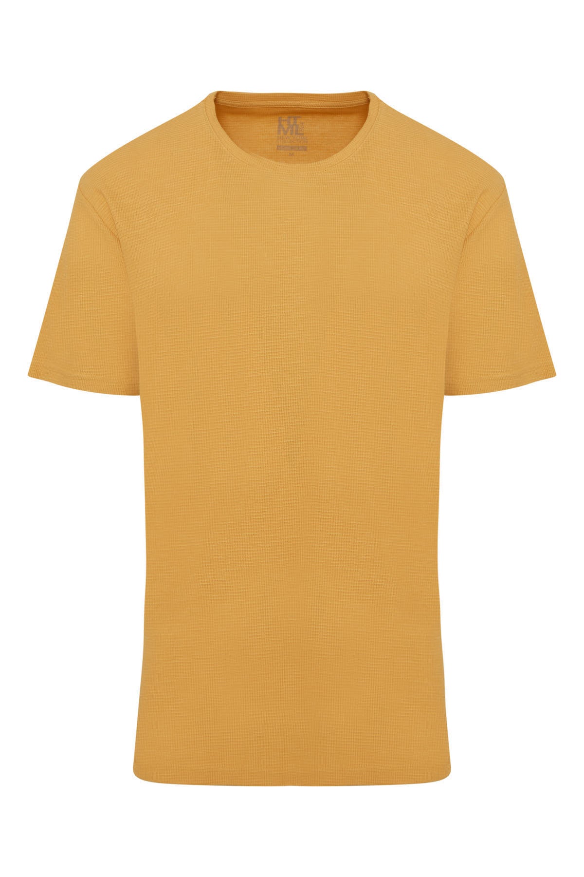 A mustard-yellow, short-sleeved crew neck t-shirt made of a textured fabric.