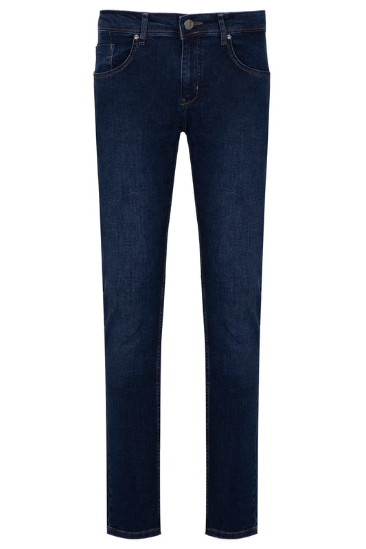 Dark indigo denim jeans with a slim fit and classic five-pocket design.