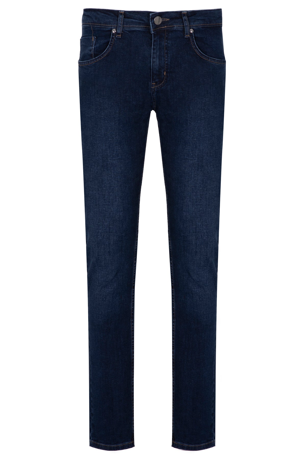 Dark indigo denim jeans with a slim fit and classic five-pocket design.