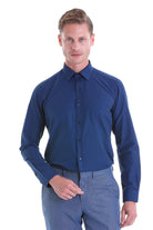 Slim Fit Navy Cotton Blend Dress Shirt - SAYKI
