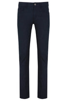 Dark navy blue slim-fit trousers with a classic five-pocket design and a button closure.