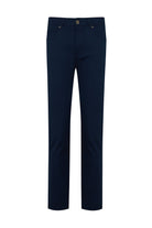 Navy blue straight-leg trousers with a classic button closure and subtle stitching details