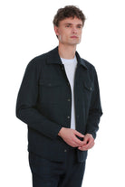 Dark navy blue button-up shirt jacket with two chest pockets and a collar.