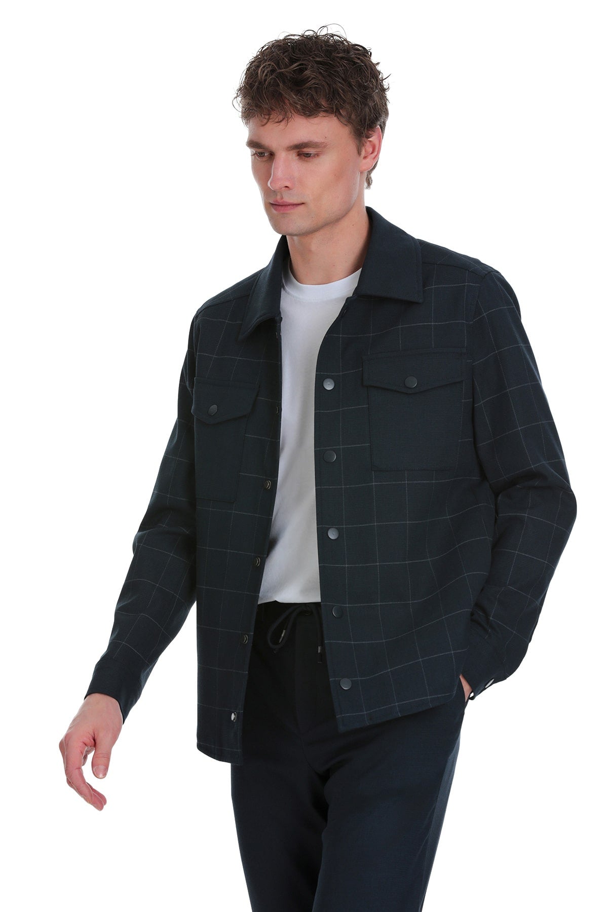 Slim Fit Navy Notch Lapel Windowpane Overshirt Casual Suit