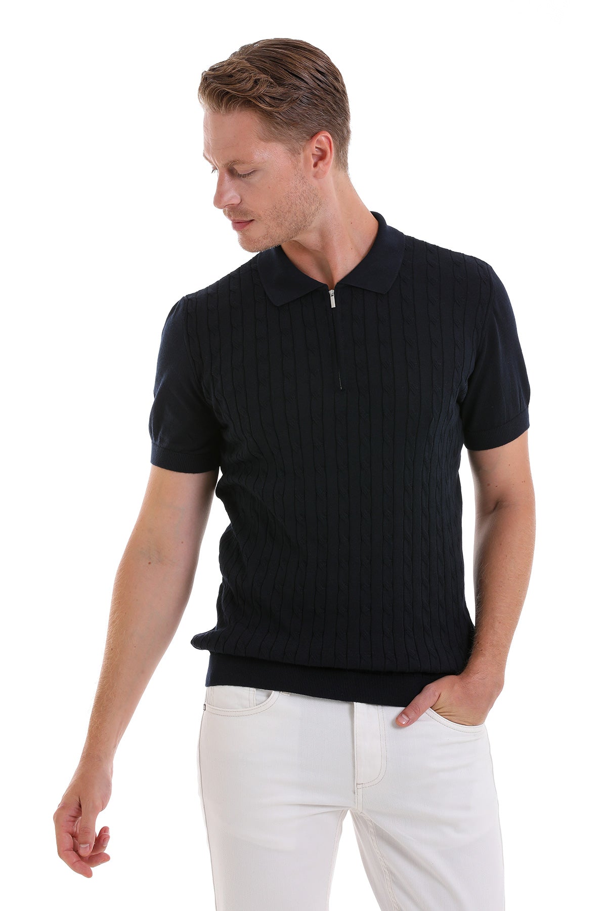Black ribbed knit polo shirt with a half-zip collar.