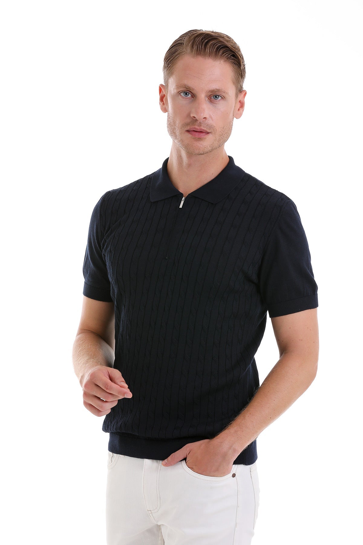 Black textured knit polo shirt with a subtle ribbed pattern and a silver zipper at the collar.