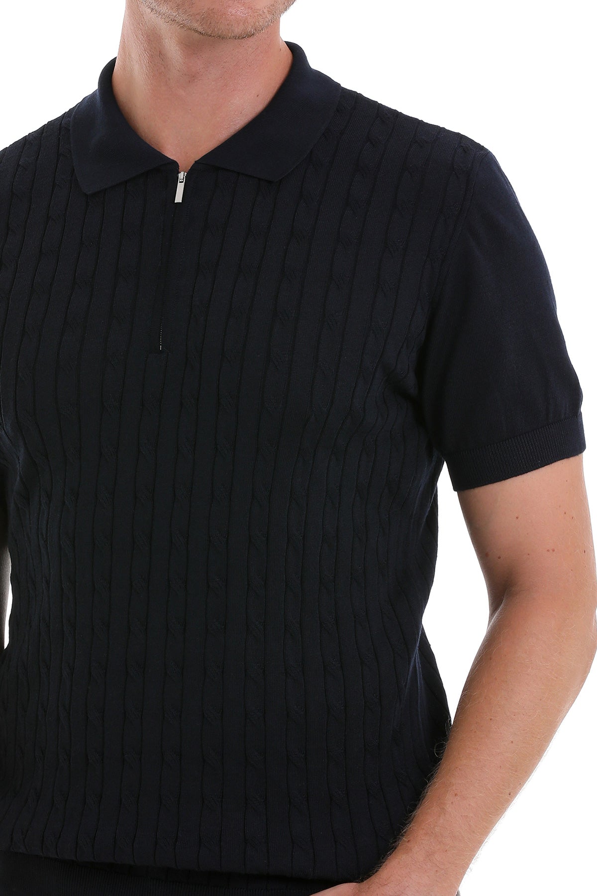Black ribbed knit polo shirt with a half-zip collar.