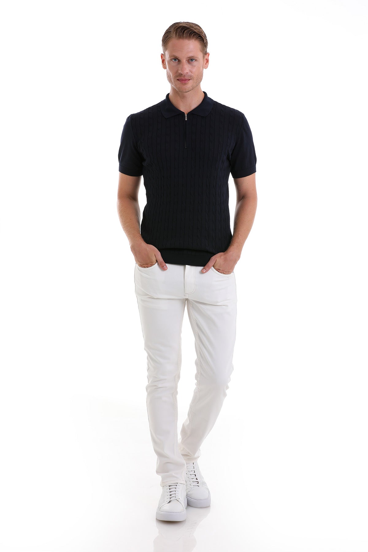 Black short-sleeved polo shirt with a half-zip collar.