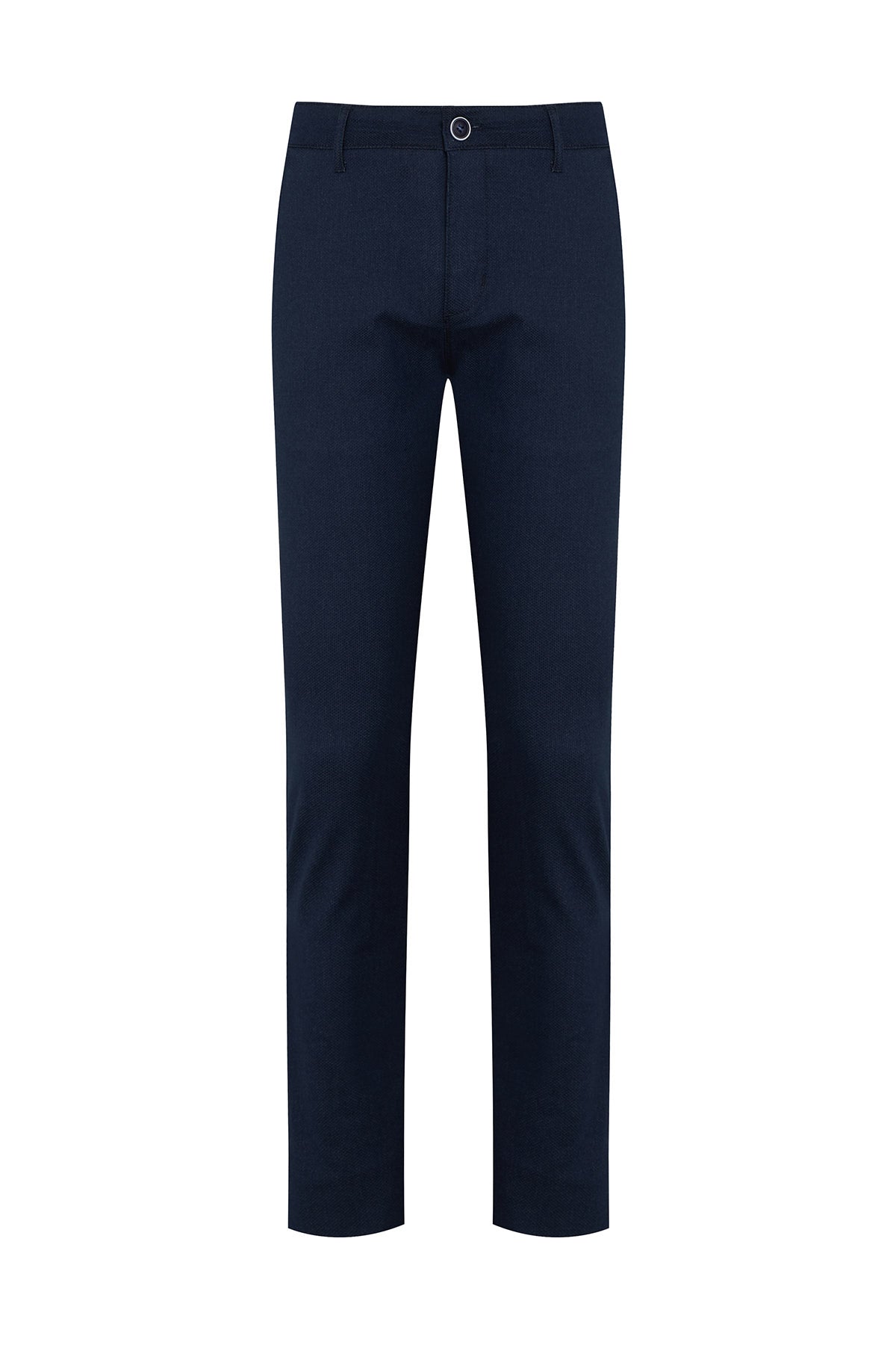 Navy blue slim-fit chinos with a subtle woven texture and a classic button closure.