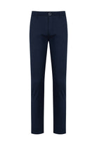 Navy blue slim-fit chinos with a subtle woven texture and a classic button closure.