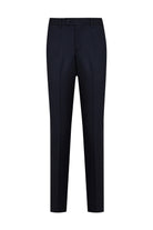 Navy blue tailored suit trousers with a sleek, straight-leg cut and subtle creasing.