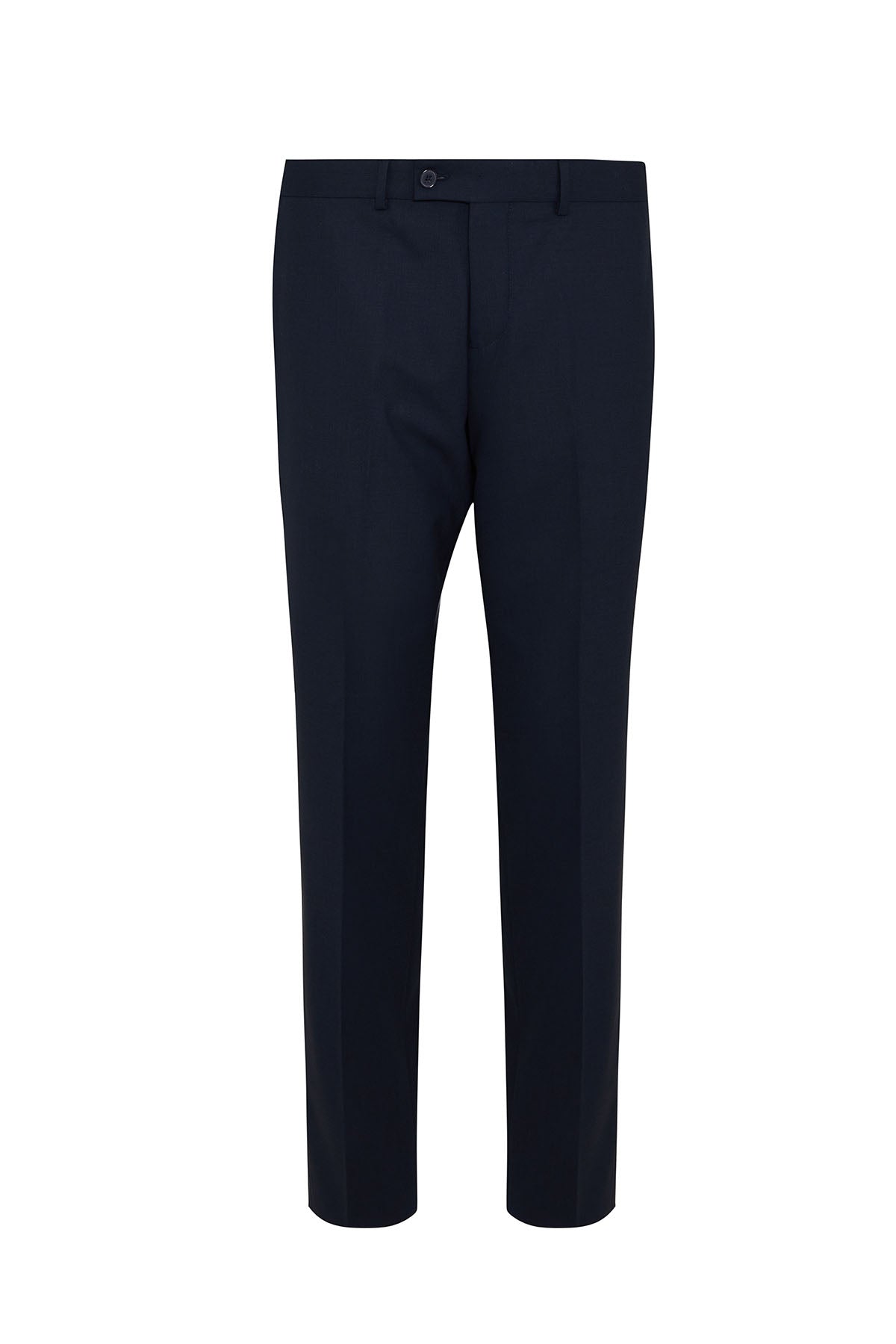 Navy blue tailored suit trousers with a sleek, straight-leg cut and subtle creasing.