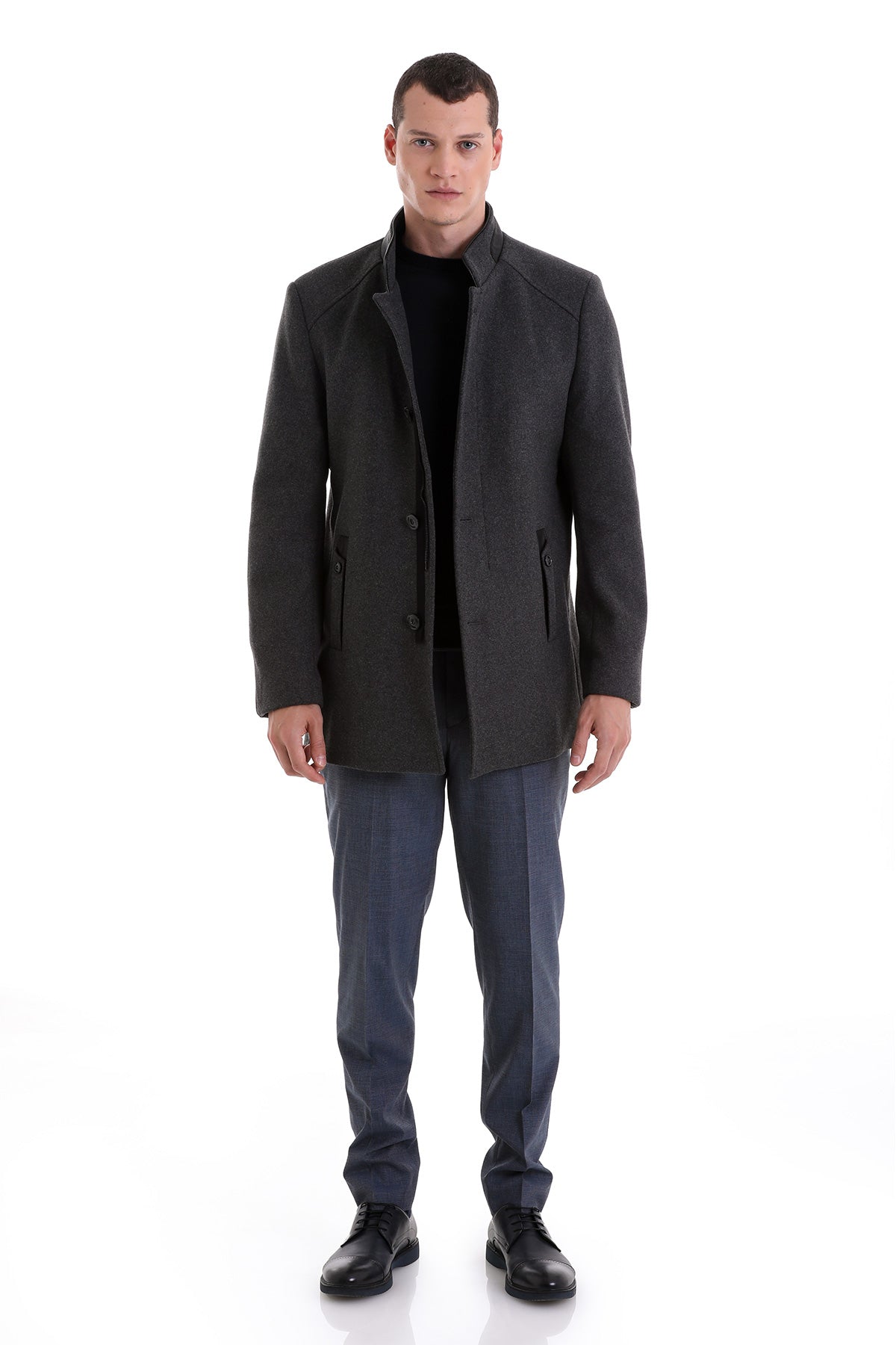 Slim Fit Nikko Stand Collar Wool Blend Dark Gray Coat – SAYKI