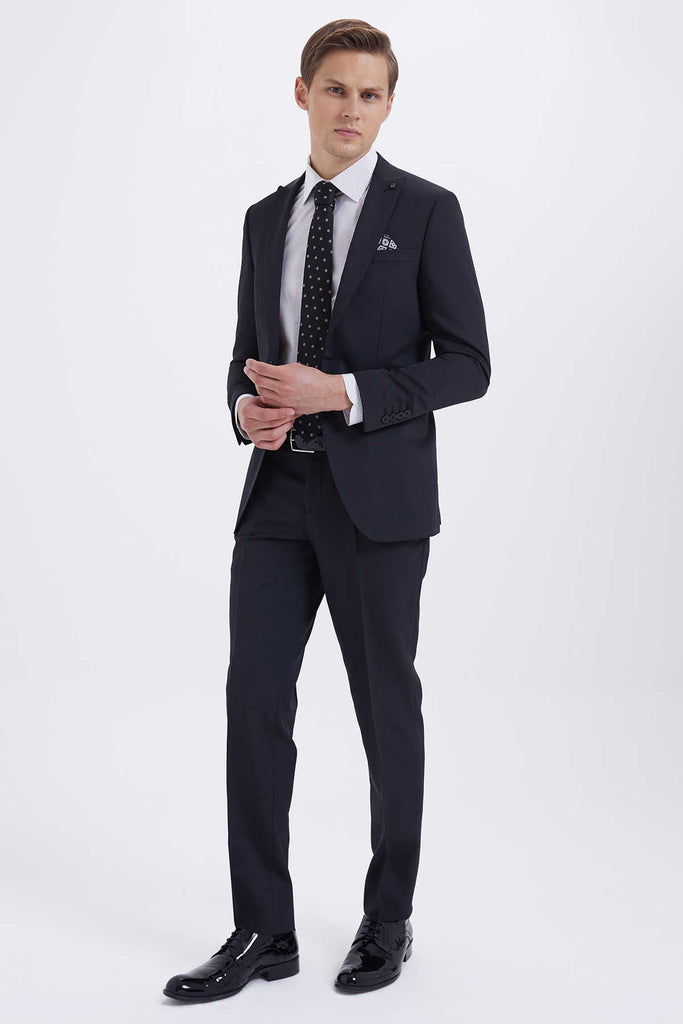 Slim Fit Notch Lapel Black Casual Suit - MIB