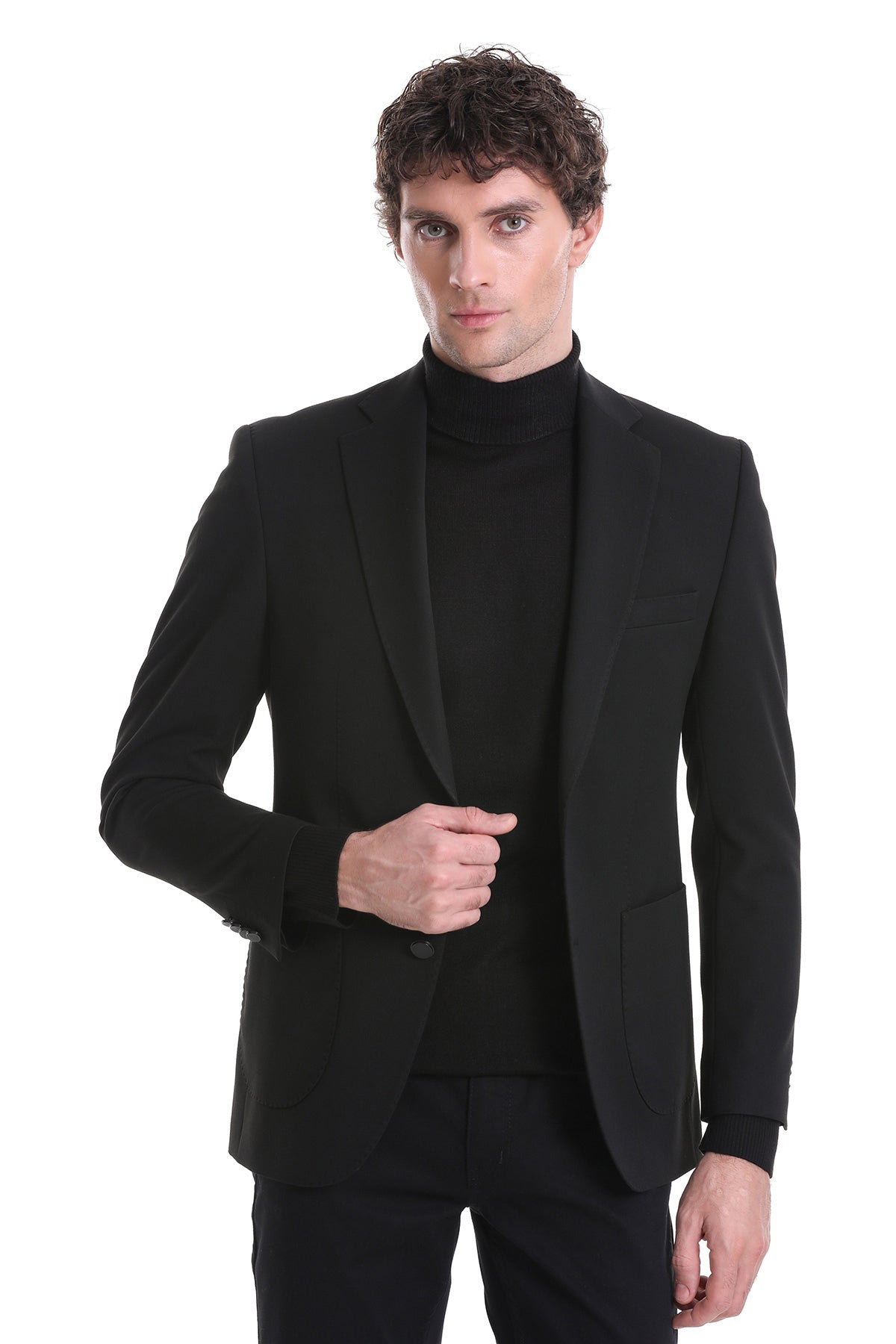 Black tailored blazer with notched lapels and a single button closure.