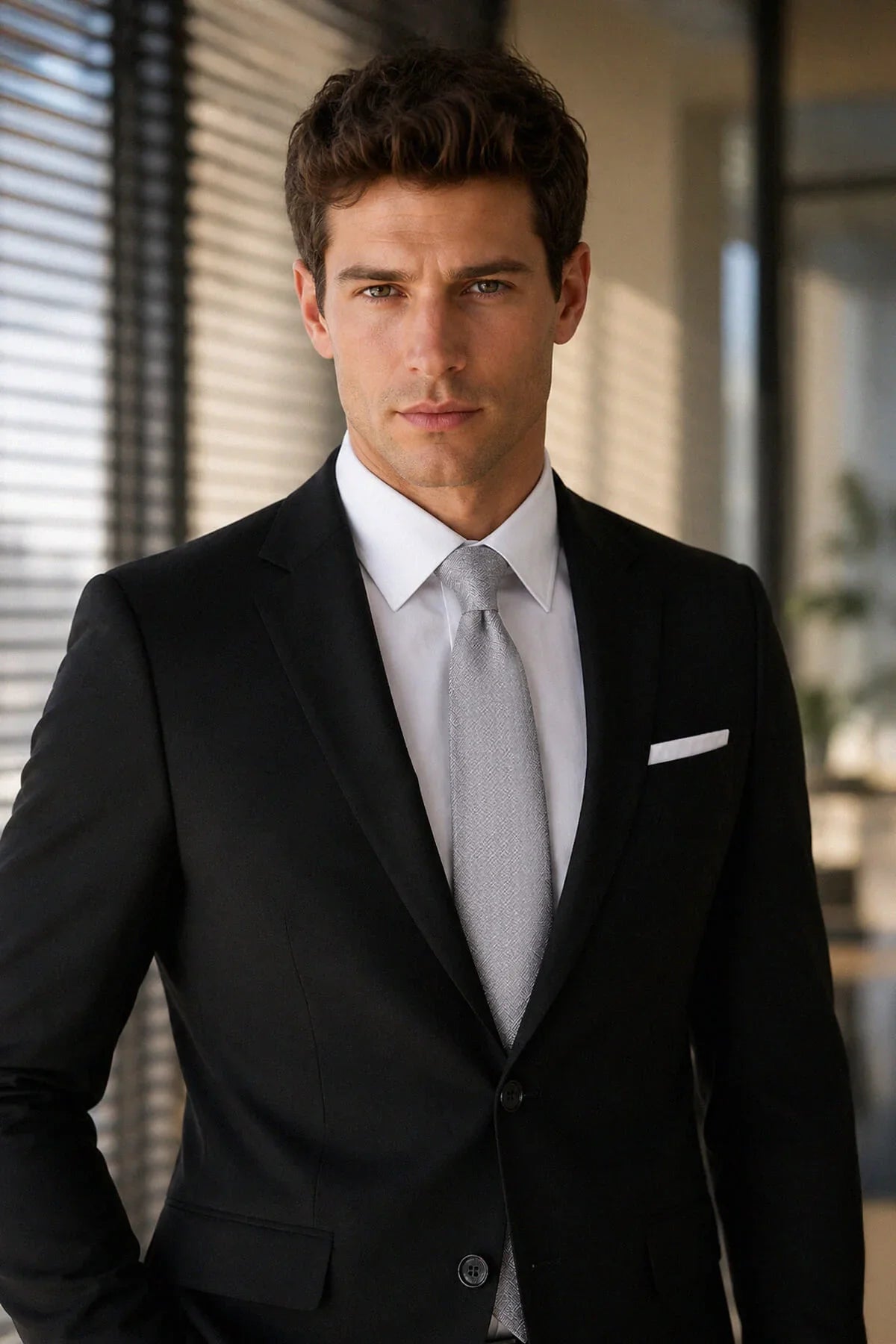 Slim fit black classic suit jacket with subtle sheen paired with white dress shirt and light gray patterned tie