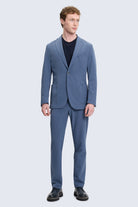 Slim fit blue casual suit with notch lapel single-breasted jacket and matching textured trousers for smart casual wear