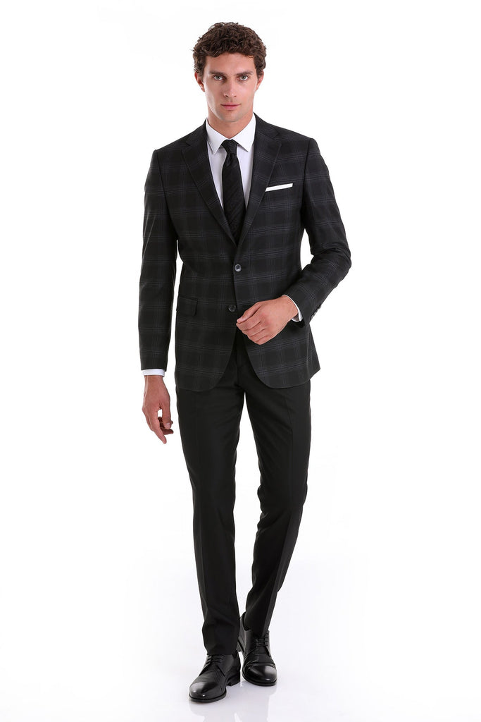 Slim Fit Notch Lapel Checked Black Casual Suit - MIB