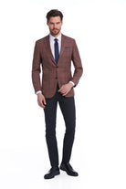 Slim Fit Notch Lapel Checked Brick Classic Blazer Brick K
