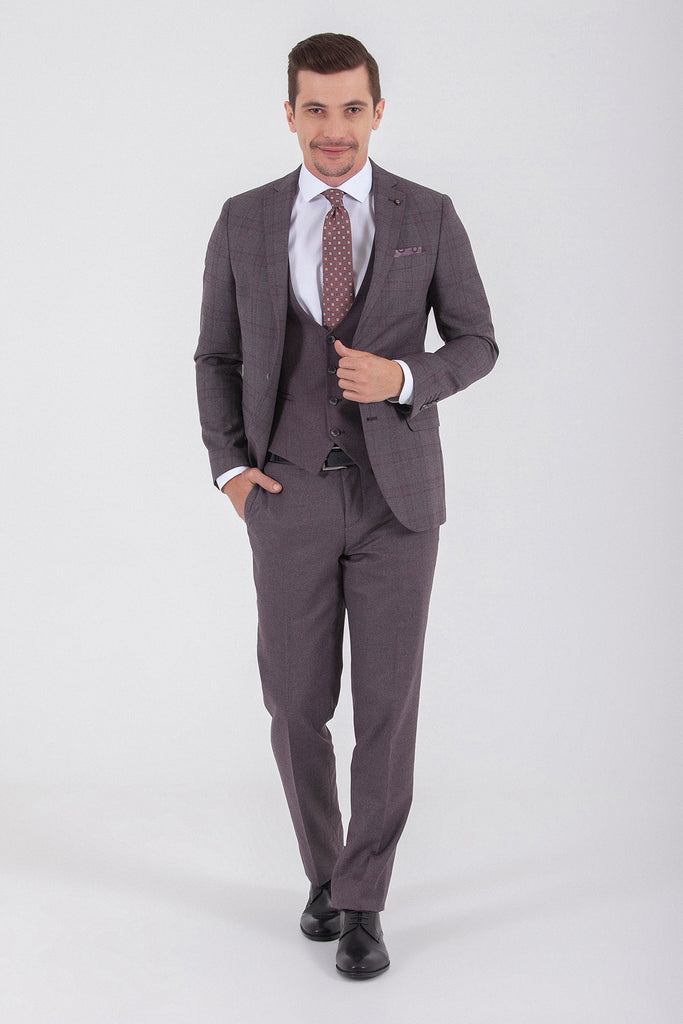 Slim Fit Notch Lapel Checked Gray Casual Suit with Vest