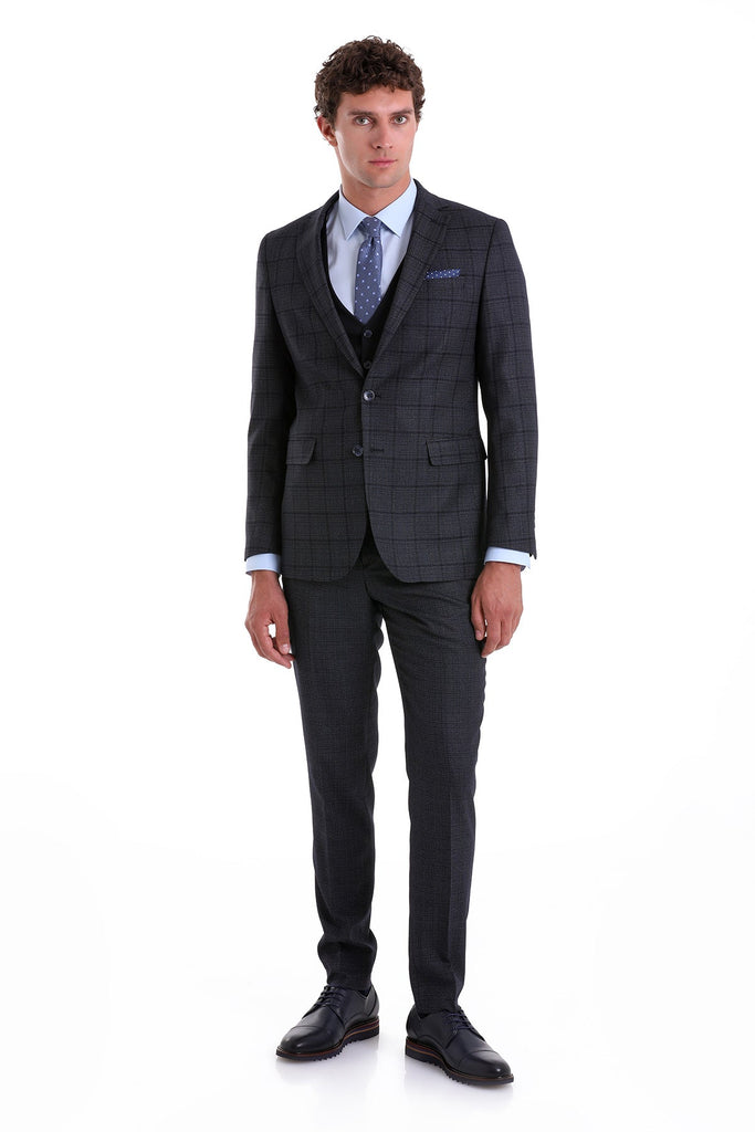Slim Fit Notch Lapel Checked Navy Casual Suit with Vest