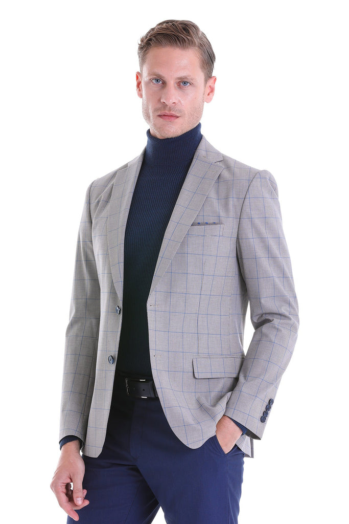 Slim Fit Notch Lapel Checked Wool Blend Beige Casual Suit -