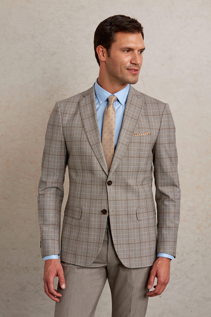 Slim Fit Notch Lapel Checked Wool Blend Beige Casual Suit -